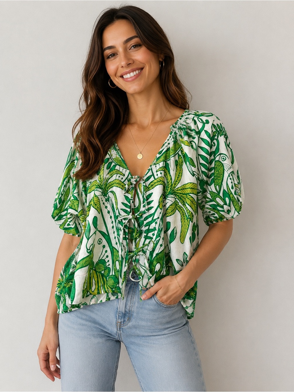 Rachel Zoe Green and White Tropical Print Tie-Front Blouse